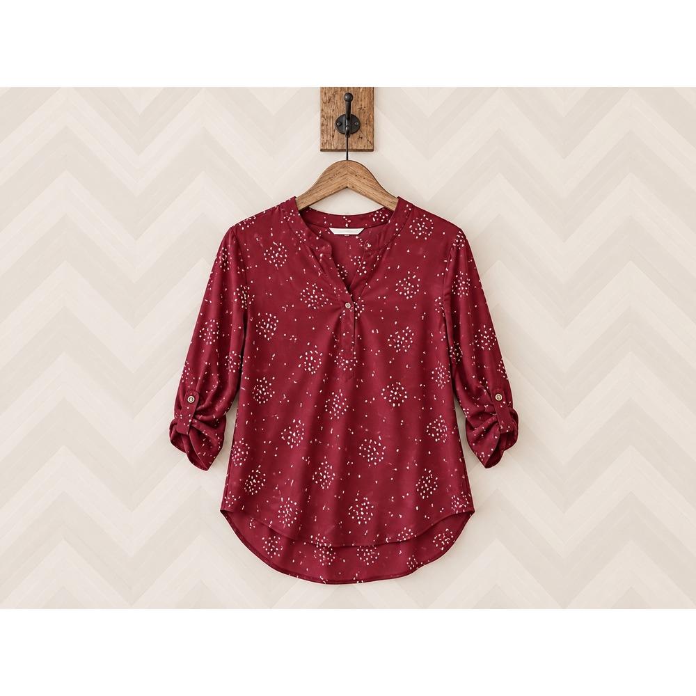 Lush Burgundy Roll Tab Sleeve Abstract Dot V-Neck Blouse Size M